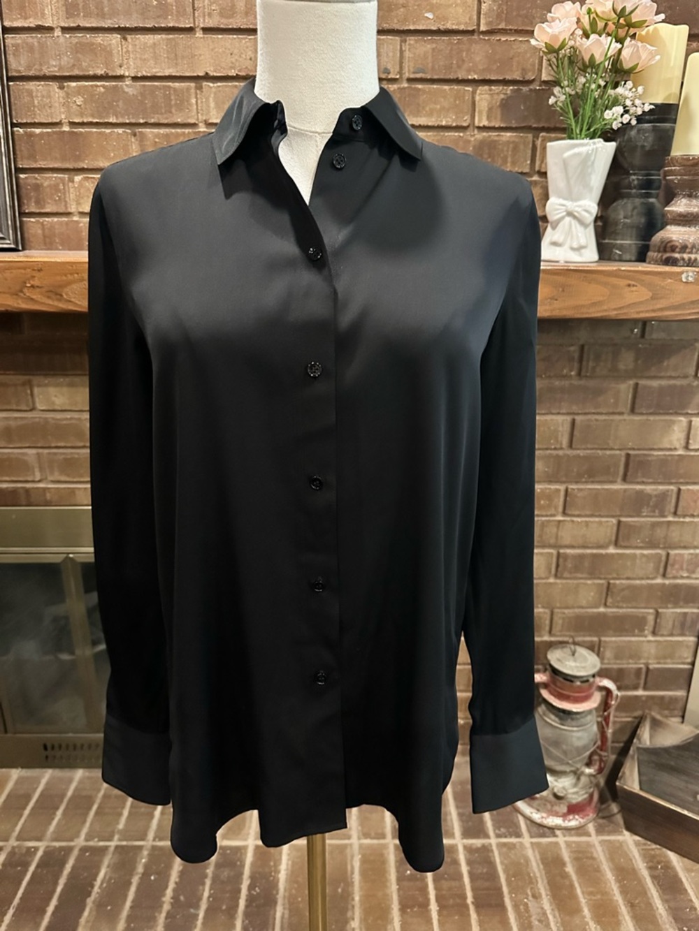 Vince NWT Black Slim Fitted Stretch Silk Blouse Shirt XS